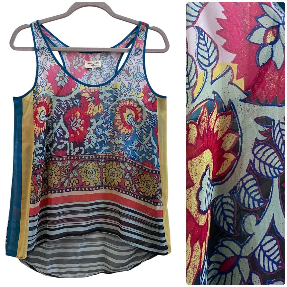 Dream Daily Anthropologie Boho Print Semi Sheer Racerback Tank Top Size Small